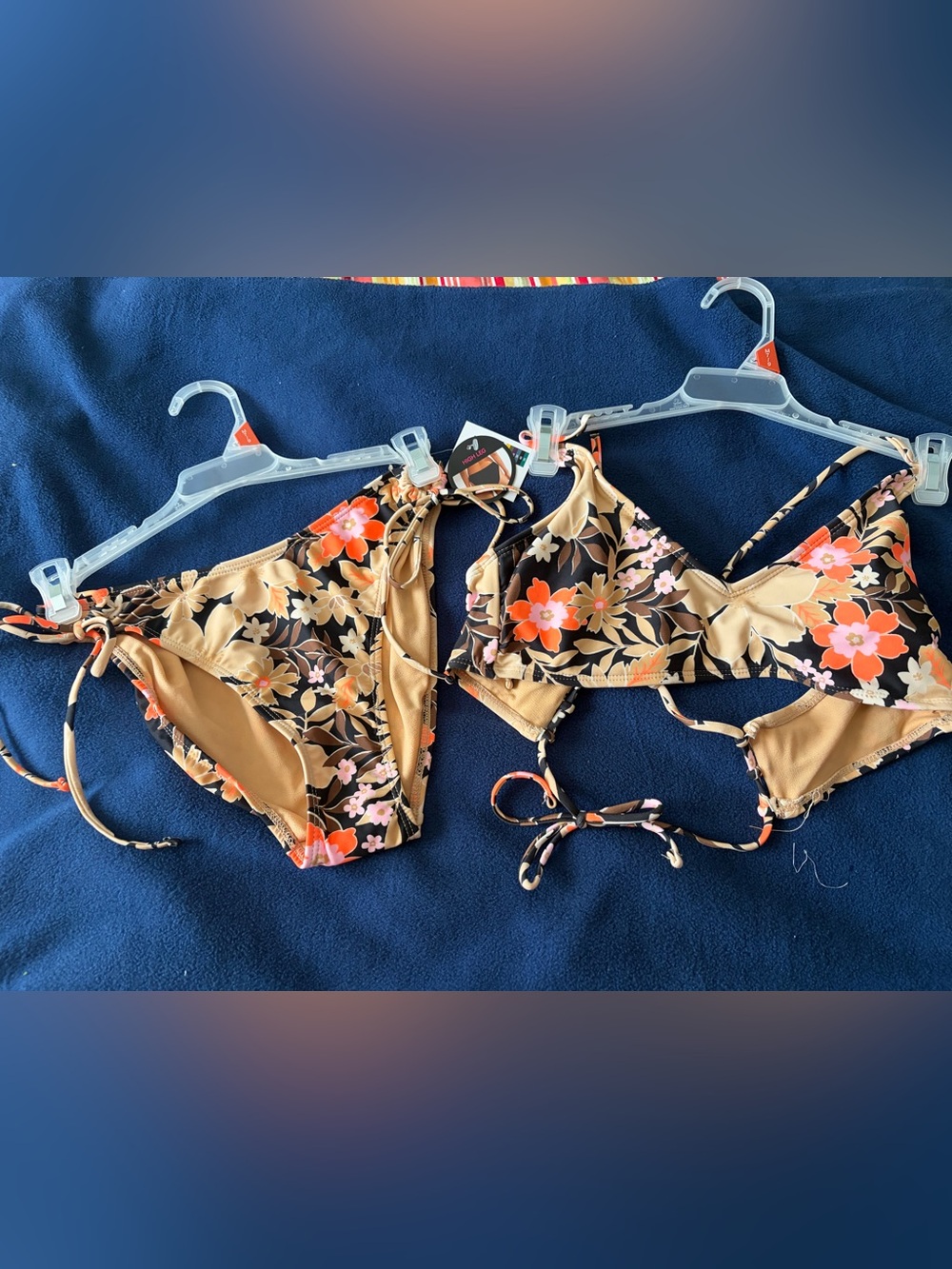No Boundaries Floral Tie-Back Bikini Set in Tan, Black & Orange